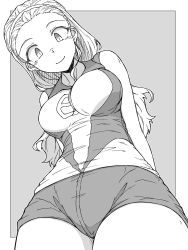 Rule 34 | 1girl, absurdres, arms behind back, border, closed mouth, commentary, dutch angle, girls und panzer, greyscale, groin, hair pulled back, hairband, highres, long hair, looking at viewer, monochrome, outside border, ponytail, renshiu, sasaki akebi, shirt, short shorts, shorts, sleeveless, sleeveless shirt, smile, solo, sportswear, standing, volleyball uniform