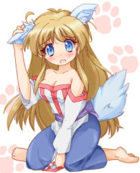 Rule 34 | 1girl, :o, animal ears, arc the lad, arc the lad ii, bad id, bad pixiv id, bare shoulders, barefoot, blonde hair, blue eyes, blush, breasts, brown hair, dog ears, dog tail, dress, embarrassed, feet, female focus, full body, kemonomimi mode, kneeling, lieza (arc the lad), long hair, medium breasts, open mouth, sitting, solo, tail, wolf ears, wolf tail, zipang (zip@ng works)
