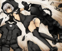 Rule 34 | 10s, 1girl, ass, black rock shooter, boots, breasts, from behind, hood, hoodie, looking back, mechanical arms, panties, shimo (depthbomb), short hair, sideboob, single mechanical arm, solo, strength (black rock shooter), thighhighs, underwear, white hair