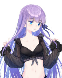 Rule 34 | 1girl, blue eyes, blush, breasts, coffeekite, collarbone, fate/extra, fate/extra ccc, fate/grand order, fate (series), hair ribbon, highres, long hair, long sleeves, looking at viewer, meltryllis (fate), midriff, navel, purple hair, ribbon, sleeves past fingers, sleeves past wrists, small breasts, solo, very long hair, white background