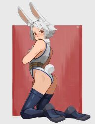 Rule 34 | 1girl, animal ear fluff, animal ears, bare shoulders, black footwear, boku no hero academia, boots, closed mouth, commentary, cosplay, forehead, from side, full body, gloves, grey background, highres, kart prowler, kneeling, leotard, looking at viewer, looking to the side, mirko, mirko (cosplay), original, rabbit ears, rabbit girl, rabbit tail, red background, red eyes, solo, tail, thick eyebrows, thigh boots, two-tone background, white gloves, white hair, white leotard