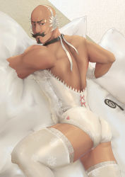 Rule 34 | 1boy, absurdres, ass, back, backless outfit, bald, bed, character request, crossdressing, facial hair, gloves, highres, iron saga, leotard, looking at viewer, looking back, lying, male focus, manly, muscular, mustache, on stomach, pillow, solo, spread legs, thighhighs, thighs, train pigeon, whip, white gloves, white leotard, white thighhighs