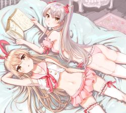 Rule 34 | 2girls, :o, absurdres, alternate color, alternate costume, amatsukaze (kancolle), arm at side, arm behind back, armpits, bad id, bad pixiv id, bare arms, bare shoulders, bed sheet, blonde hair, blush, book, bow, bra, breasts, bridal garter, brown eyes, buttons, collarbone, commentary request, crop top, detached sleeves, double-breasted, ezusa, frilled panties, frills, garter straps, hair between eyes, hair bow, hair ribbon, hairband, highres, indoors, kantai collection, long hair, looking at viewer, lying, miniskirt, multiple girls, navel, on back, on bed, on stomach, open book, open mouth, panties, pink bra, pink hairband, pink panties, pink ribbon, pink skirt, puffy short sleeves, puffy sleeves, red bow, ribbon, ribbon-trimmed panties, sailor collar, shimakaze (kancolle), shiny skin, short sleeves, silver hair, skirt, sleeveless, small breasts, stomach, tsurime, twintails, two side up, underwear, underwear only, very long hair