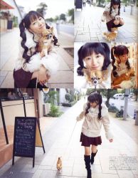 Rule 34 | 1girl, asian, chihuahua, dog, pet walking, highres, photo (medium), real life, voice actor, skirt, smile, tanaka rie, twintails