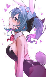 Rule 34 | 1girl, absurdres, animal ears, black leotard, blue eyes, blue hair, blush, breasts, fake animal ears, fake tail, from side, hair ornament, hatsune miku, heart, highres, leotard, medium breasts, open mouth, pantyhose, playboy bunny, pomemiyarino, profile, rabbit ears, rabbit hole (vocaloid), rabbit tail, saliva, sexually suggestive, solo, sweat, tail, teardrop facial mark, tongue, twintails, vocaloid, x hair ornament