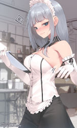 Rule 34 | 1girl, absurdres, apron, bare shoulders, blue eyes, blunt bangs, blurry, blurry background, blush, breasts, buttons, clipboard, closed mouth, commentary request, cowboy shot, detached collar, elbow gloves, frilled apron, frills, gloves, grey hair, hands up, highres, holding, holding clipboard, indoors, jjune, large breasts, long hair, looking at viewer, maid headdress, original, shirt, solo, spoken squiggle, squiggle, strapless, strapless shirt, waist apron, white apron, white gloves, white shirt