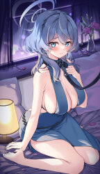 Rule 34 | 1girl, ako (blue archive), ako (dress) (blue archive), arm support, bare legs, barefoot, blue archive, blue dress, blue eyes, blue hair, blush, breasts, dress, evening gown, fingernails, flying sweatdrops, halo, highres, indoors, large breasts, leash, looking at viewer, reflection, sideboob, sideless dress, sitting, skindentation, soles, solo, toes, viewer holding leash, wariza, window, yuxian youka
