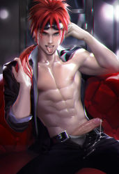 Rule 34 | 1boy, abs, cum, final fantasy, highres, looking at viewer, male focus, muscular, naughty face, penis, red hair, reno (ff7), sakimichan, shiny skin, solo, tagme, tongue, topless male, uncensored, undressing, yaoi