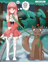 Rule 34 | 1boy, absurdres, aftersex, ahoge, animal ear fluff, animal ears, bestiality, blush, cum, cum on floor, cumdrip, detached sleeves, dog, english text, heart (symbol), highres, holding own arm, long hair, outdoors, pink hair, skirt, spoken squiggle, squiggle, tagme, thighhighs, thought bubble, torn clothes, torn legwear, trap, tree, trembling, yellow eyes