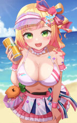Rule 34 | 1girl, absurdres, bare shoulders, beach, bikini, bikini top only, blonde hair, blush, breasts, choker, cleavage, collarbone, day, fang, frilled choker, frilled skirt, frills, gradient hair, green eyes, hair ornament, hairclip, heart, heart hair ornament, highres, hololive, large breasts, layered skirt, long hair, looking at viewer, miniskirt, momosuzu nene, momosuzu nene (cheerleader), multicolored hair, navel, one side up, open mouth, outdoors, pink choker, pink hair, pink skirt, single hair ring, skin fang, skirt, smile, solo, swimsuit, typho, virtual youtuber, visor cap, white bikini, wrist cuffs
