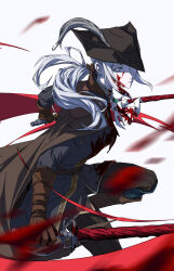 Rule 34 | 1girl, absurdres, alternate hair color, ascot, blood, bloodborne, brown cape, cape, closed mouth, commentary, commentary request, dual wielding, eyelashes, hat, highres, holding, holding sword, holding weapon, lady maria of the astral clocktower, long hair, mixed-language commentary, s jiaogu, simple background, solo, sword, tricorne, weapon, white ascot, white background, white eyes, white hair