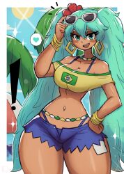 Rule 34 | !, 1girl, absurdres, adjusting eyewear, aqua eyes, aqua hair, bare shoulders, blue sky, blush stickers, border, bracelet, brazilian miku, breasts, cleavage, collarbone, cowboy shot, crop top, day, earrings, flower, hair flower, hair ornament, hand on own hip, hatsune miku, highres, jewelry, looking at viewer, matching hair/eyes, medium breasts, midriff, narrow waist, navel, open mouth, outline, palm tree, short shorts, shorts, sky, smile, solo, standing, sun, sunglasses on head, tan, tanline, teeth, thick thighs, thighs, tony welt, tree, upper teeth only, vocaloid, white border, white outline