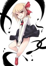 Rule 34 | 1girl, arai togami, ascot, blonde hair, bottomless, covering privates, covering crotch, grin, hair ribbon, highres, long sleeves, looking at viewer, no panties, red eyes, ribbon, rumia, shirt, skirt, skirt set, skirt tug, smile, solo, touhou, v arms, vest