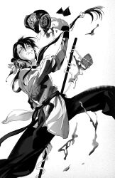 Rule 34 | 1girl, alcohol, androgynous, chinese clothes, daxing jia quan, dutch angle, earrings, fighting stance, floating hair, food, freckles, from below, greyscale, hair bun, hair tubes, hand up, highres, holding, holding polearm, holding weapon, jewelry, legs up, long hair, long sleeves, low-tied long hair, monochrome, original, outstretched arm, pants, polearm, ponytail, sash, sideways glance, simple background, single side bun, sleeves rolled up, smile, solo, spilling, standing, toggles, tossing, urn, weapon, wet, wristband