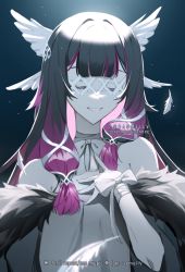 Rule 34 | 1girl, black hair, blunt bangs, bow, closed eyes, closed mouth, coat, columbina (genshin impact), commentary, dagmellv, detached sleeves, dress, eye mask, facing viewer, fur-trimmed coat, fur trim, genshin impact, gradient hair, hair wings, head wings, long hair, multicolored hair, purple hair, smile, solo, upper body, white bow, white dress, white mask, wide sleeves, wing hair ornament, wings