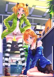 Rule 34 | 10s, 2girls, :o, blonde hair, blue eyes, chair, collarbone, computer, desk, dress, grey eyes, hair ornament, hairclip, hands on own hips, highres, hood, hoodie, long legs, miyamori aoi, mole, mole under eye, multiple girls, off shoulder, office, office chair, open mouth, overall skirt, overalls, pinafore dress, shirobako, short hair, shorts, sitting, skirt, sleeveless, sleeveless dress, striped clothes, striped legwear, striped thighhighs, swivel chair, swordsouls, thighhighs, twintails, unbuttoned, yano erika, zettai ryouiki