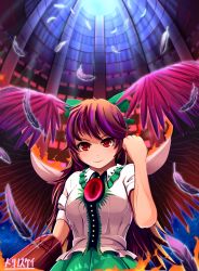 Rule 34 | 1girl, arm cannon, arm up, artist name, bird wings, blouse, bow, breasts, brown hair, cape, clenched hand, commentary request, dome, feathered wings, feathers, fire, green skirt, hair bow, highres, indoors, long hair, looking at viewer, medium breasts, ponytail, red eyes, reiuji utsuho, shirt, short sleeves, skirt, smile, solo, space print, standing, starry sky print, swept bangs, third eye, torinosukei, touhou, upper body, very long hair, weapon, white shirt, wings