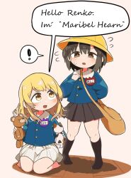 Rule 34 | 2girls, aged down, bag, barefoot, black hair, black skirt, blonde hair, blush, cat, child, commentary request, doll, english text, flying sweatdrops, hand on own chest, hat, highres, holding, holding doll, kyuukei usagi, long hair, long sleeves, looking at another, maribel hearn, multiple girls, name tag, open mouth, pleated skirt, school hat, school uniform, short hair, shoulder bag, sitting, skirt, speech bubble, standing, stuffed animal, stuffed toy, sweatdrop, teddy bear, touhou, usami renko, wariza, white skirt, yellow eyes