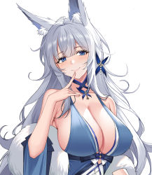 Rule 34 | 1girl, ahoge, animal ear fluff, animal ears, armpit crease, azur lane, bare shoulders, black choker, blue dress, blue eyes, breasts, choker, cleavage, closed mouth, collarbone, covered erect nipples, dress, feather boa, finger to mouth, fox ears, grey hair, hair ornament, hand up, highres, index finger raised, large breasts, long hair, looking at viewer, no bra, official alternate costume, shinano (azur lane), shinano (dreams of the hazy moon) (azur lane), sleeveless, sleeveless dress, smile, solo, upper body, zest (watts99)