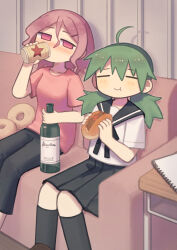 Rule 34 | 2girls, ahoge, beer can, black pants, black sailor collar, black skirt, black socks, blush, bottle, breasts, can, closed eyes, closed mouth, couch, drink can, drinking, drunk, eating, food, futami ya, green hair, hair between eyes, highres, holding, holding bottle, holding can, holding food, indoors, kneehighs, long hair, looking at another, looking to the side, low twintails, medium breasts, medium hair, mogawa (shimeji simulation), multiple girls, nose blush, notepad, on couch, pants, pink eyes, pink hair, pink shirt, pleated skirt, sailor collar, school uniform, serafuku, shimeji simulation, shirt, short sleeves, sitting, skirt, smile, socks, sumida (shimeji simulation), t-shirt, twintails, white shirt, yakisobapan