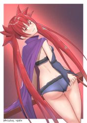 Rule 34 | 1girl, arcana heart, arcana heart 3, artist request, ass, ass grab, backboob, blush, breasts, cape, come hither, detached sleeves, dimples of venus, from behind, grin, long hair, looking at viewer, looking back, red eyes, red hair, scharlachrot, shiny clothes, shiny skin, short shorts, shorts, sideboob, smile, solo, thigh gap, twintails, very long hair