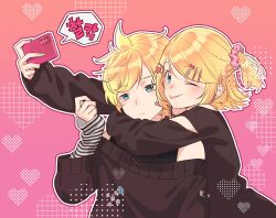 Rule 34 | 1boy, 1girl, ;p, ahoge, bandaid, bandaid on face, blonde hair, bon bon eee, brown sweater, cellphone, commentary, gradient background, green eyes, green nails, hair ornament, hairclip, heart, heart background, highres, holding, holding phone, hug, kagamine len, kagamine rin, long sleeves, nail polish, off-shoulder sweater, off shoulder, one eye closed, one side up, outline, phone, pink background, red outline, scrunchie, selfie, short hair, sidelocks, smartphone, smile, speech bubble, sweater, swept bangs, symbol-only commentary, taking picture, tongue, tongue out, upper body, vocaloid, white outline, wide sleeves