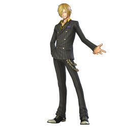 Rule 34 | 1boy, 3d, absurdres, black necktie, blonde hair, collared shirt, formal, full body, hair over one eye, hand in pocket, highres, male focus, necktie, official art, one piece, one piece: pirate warriors, pinstripe pattern, pinstripe suit, saddle shoes, sanji (one piece), shirt, shoes, short hair, simple background, solo, striped, suit, yellow shirt