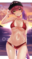 Rule 34 | 1girl, absurdres, adjusting clothes, adjusting headwear, baseball cap, bikini, black hat, blush, breasts, curvy, earrings, eyewear on head, gluteal fold, halterneck, hat, heart, heart-shaped eyewear, heart earrings, heart necklace, heterochromia, highres, hololive, houshou marine, jewelry, koisuke, large breasts, long hair, looking at viewer, navel, necklace, parted lips, ponytail, red bikini, red eyes, red hair, smile, solo, stomach, string bikini, sunglasses, sunglasses on head, swimsuit, very long hair, virtual youtuber, yellow eyes