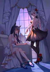 Rule 34 | 2girls, :d, absurdres, alternate costume, animal ear fluff, animal ears, arknights, armchair, backless dress, backless outfit, bare arms, bare back, bare legs, bare shoulders, black dress, black hair, black legwear, blue bow, blue footwear, bow, breasts, brown eyes, chair, chinese commentary, commentary request, curtains, dress, female focus, flower, from behind, grey eyes, hair flower, hair ornament, hairclip, heiyizhushenxia, high heels, highres, indoors, lappland (arknights), long hair, looking at viewer, looking back, medium breasts, multiple girls, open mouth, pantyhose, red flower, red rose, rose, short dress, silver hair, sitting, sleeveless, sleeveless dress, smile, standing, texas (arknights), white dress, window, wolf ears