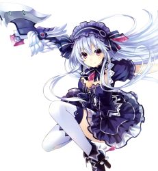 Rule 34 | 1girl, black dress, bonnet, bow, bowtie, choker, dress, fairy fencer f, frilled skirt, frills, gothic lolita, hair bow, hairband, highres, holding, holding weapon, jewelry, kneeling, lolita fashion, lolita hairband, long hair, looking at viewer, official art, on one knee, puffy short sleeves, puffy sleeves, red eyes, ribbon, short sleeves, simple background, skirt, smile, solo, thigh strap, thighhighs, tiara (fairy fencer f), tsunako, weapon, white background, white hair, white thighhighs
