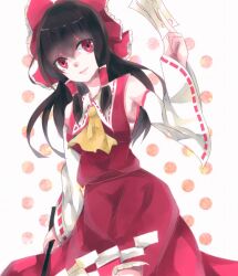 Rule 34 | 1girl, aridamikannn, armpit crease, ascot, between fingers, black hair, bow, detached sleeves, detached wings, frilled bow, frills, gohei, hair between eyes, hair bow, hakurei reimu, holding, holding gohei, long hair, looking at viewer, open mouth, red bow, red eyes, red shirt, red skirt, shirt, simple background, skirt, skirt set, sleeveless, sleeveless shirt, solo, touhou, white background, wide sleeves, wings, yellow ascot