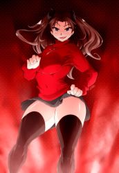 Rule 34 | 1girl, black hair, blush, breasts, brown hair, curvy, fate/stay night, fate (series), grey eyes, highres, hip focus, large breasts, long hair, looking at viewer, magic, miniskirt, open mouth, ryou sakai, self-upload, skirt, smile, solo, sweater, thick thighs, thighhighs, thighs, tohsaka rin, twintails