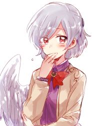 Rule 34 | 1girl, 6 (yuchae), blush, commentary request, covering own mouth, grey hair, hand over own mouth, kishin sagume, looking at viewer, red eyes, short hair, single wing, solo, touhou, wings