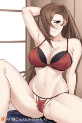 Rule 34 | 1girl, arm behind head, aslindsamure, bare shoulders, blush, bra, breasts, brown eyes, brown hair, cleavage, closed mouth, collarbone, fire emblem, fire emblem fates, gluteal fold, hair over one eye, highres, kagero (fire emblem), large breasts, long hair, looking at viewer, navel, nintendo, panties, ponytail, red bra, red panties, sitting, solo, thighs, underwear