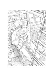 Rule 34 | 10s, 1boy, 1girl, absurdres, admiral (kancolle), book, book on head, bookshelf, chair, closed eyes, covered face, drooling, greyscale, highres, kantai collection, ladder, leaning on person, library, monochrome, object on head, sazanami (kancolle), school uniform, serafuku, sitting, sitting on lap, sitting on person, sleeping, soborou, window