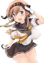 Rule 34 | 10s, 1girl, black gloves, blue eyes, blush, braid, breasts, brown skirt, clothes writing, fang, gloves, goji (8jikan roudou), hachimaki, hair ornament, hairband, headband, highres, kantai collection, large breasts, light brown hair, long hair, looking at viewer, miniskirt, multicolored gloves, neckerchief, open mouth, propeller hair ornament, salute, school uniform, serafuku, short sleeves, simple background, skirt, smile, solo, teruzuki (kancolle), thighs, twin braids, white background, white gloves