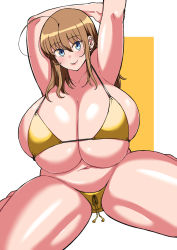 Rule 34 | 1girl, ahoge, arms up, bikini, blue eyes, breasts, brown hair, cleavage, closed mouth, collarbone, curvy, earrings, front-tie bikini top, front-tie top, gigantic breasts, highres, impossible clothes, impossible swimsuit, jewelry, komusou (jinrikisha), long hair, looking at viewer, navel, ooba minori, original, shiny skin, sitting, smile, solo, stretching, stud earrings, swimsuit, wariza, yellow bikini