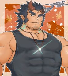 Rule 34 | 1boy, bara, blue hair, brown hair, dark blue hair, demon boy, facial hair, fang, fiery horns, horns, large pectorals, long sideburns, looking at viewer, male focus, manly, muscular, pectorals, sideburns, simple background, solo, stubble, takemaru (housamo), tank top, thick eyebrows, tokyo houkago summoners, upper body, yanutorie