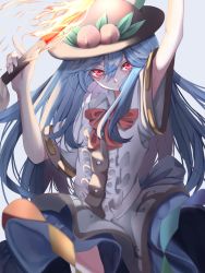 Rule 34 | 1girl, arm above head, arms up, black hat, blue hair, blue skirt, bow, bowtie, commentary, contrapposto, cowboy shot, dress, fire, floating hair, food, fruit, grey background, hair between eyes, hat, head tilt, highres, hinanawi tenshi, holding, holding sword, holding weapon, index finger raised, kubrick stare, layered dress, leaf, long hair, looking at viewer, peach, red bow, red bowtie, red eyes, shirt, short sleeves, simple background, skirt, smile, solo, standing, sword, sword of hisou, touhou, tsune (tune), very long hair, weapon, white shirt