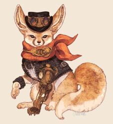 Rule 34 | animal, animal focus, black eyes, black hat, black jacket, brown background, chest belt, clothed animal, fennec fox, from side, full body, goggles, goggles on head, hat, highres, jacket, mechanical arms, neckerchief, no humans, original, prosthesis, prosthetic arm, red neckerchief, simple background, single mechanical arm, sitting, solo, steampunk, tonbippo08, whiskers