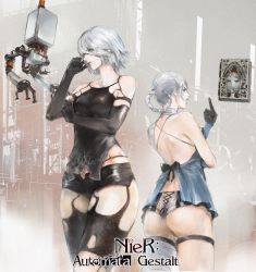 Rule 34 | 2girls, angry, ass, back-to-back, black gloves, braid, breasts, fernnn, gloves, grimoire weiss, highres, kaine (nier), middle finger, multiple girls, nier, nier (series), nier:automata, pod (nier:automata), revealing clothes, robot, short hair, short shorts, shorts, silver hair, a2 (nier:automata)