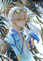 Rule 34 | 1boy, absurdres, alternate costume, bag, bishounen, blonde hair, blue jacket, blue sky, character request, chinese commentary, coattails, collared shirt, commentary request, eyelashes, eyewear on head, food, fruit, grey eyes, highres, holding, holding water gun, jacket, lemon, lemon slice, light smile, looking at viewer, male focus, open clothes, open jacket, outdoors, palm leaf, parted lips, round eyewear, shirt, short hair, shoulder bag, sky, solo, summer, sunglasses, the tale of food, upper body, water drop, water gun, weibo logo, weibo watermark, white shirt, xixifu