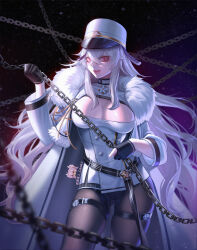 Rule 34 | 1girl, absurdres, artist name, azur lane, black gloves, black pantyhose, breasts, buttons, cdumc3, chain, cleavage, coat, coat dress, cowboy shot, double-breasted, fur-trimmed coat, fur trim, gangut (azur lane), gloves, hair between eyes, hat, highres, large breasts, long hair, long sleeves, looking at viewer, military hat, open clothes, open coat, pantyhose, partially fingerless gloves, peaked cap, red eyes, solo, thigh strap, very long hair, white coat, white hair, white hat, white uniform
