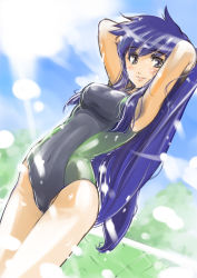 Rule 34 | 1girl, armpits, arms behind head, bad id, bad pixiv id, blue eyes, blue hair, blush, chikuwa (tks), competition swimsuit, covered navel, ghost sweeper mikami, himuro kinu, long hair, matching hair/eyes, one-piece swimsuit, solo, sunlight, swimsuit