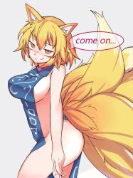 Rule 34 | &gt;:), 1girl, animal ears, bare arms, bare shoulders, beckoning, blonde hair, blush, breasts, closed mouth, cowboy shot, english text, fox ears, fox tail, from side, furorina, groin, kitsune, kyuubi, large breasts, looking at viewer, looking to the side, multiple tails, naked tabard, no headwear, nose blush, short hair, sideboob, smile, solo, tabard, tail, touhou, v-shaped eyebrows, yakumo ran, yellow eyes