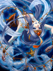 Rule 34 | 1girl, bad id, bad pixiv id, blue background, blue eyes, blue lips, blue nails, bracelet, breasts, clutch2130, earrings, feather hair ornament, feathers, genie, hair ornament, highres, hoop earrings, jewelry, lipstick, long hair, looking at viewer, makeup, medium breasts, midair, nail polish, official art, oil lamp, photo background, pointy ears, silver hair, sol, solo, tattoo, very long hair