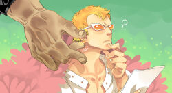 Rule 34 | 2boys, ?, blonde hair, coat, donquixote doflamingo, earrings, eguana, feather coat, green background, hand on own chin, holding, jewelry, kaidou (one piece), male focus, multiple boys, muscular, muscular male, one piece, open clothes, orange-tinted eyewear, papers, pink coat, shirt, short hair, size difference, sunglasses, tinted eyewear, white-framed eyewear, white shirt