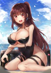 Rule 34 | 1girl, absurdres, alternate hairstyle, bare shoulders, barefoot, beach, black one-piece swimsuit, blue sky, blush, breasts, cloud, day, girls&#039; frontline, highres, hiromaster sinta jh, large breasts, long hair, looking at viewer, ocean, official alternate costume, one-piece swimsuit, open mouth, outdoors, ponytail, purple hair, red eyes, sand, sitting, skindentation, sky, solo, swimsuit, thigh strap, thighs, untied swimsuit, very long hair, wa2000 (girls&#039; frontline), wa2000 (op. manta ray) (girls&#039; frontline), wariza