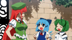 Rule 34 | 3girls, ^ ^, antennae, bad id, bad pixiv id, blue eyes, blue hair, bow, braid, breasts, brick wall, cape, china dress, chinese clothes, cirno, clenched hands, closed eyes, dress, dress shirt, closed eyes, gate, green hair, hair bow, hand on own hip, hat, hip focus, hong meiling, large breasts, long hair, multiple girls, neck ribbon, open mouth, red hair, ribbon, shirt, short hair, smile, tonbi, touhou, twin braids, wings, wriggle nightbug