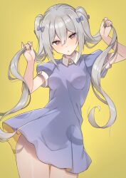 Rule 34 | 1girl, :c, blush, bow, breasts, breasts apart, collared dress, contrapposto, covered erect nipples, cowboy shot, dress, eichan (eichanidfi), grey hair, hair between eyes, hair bow, head tilt, highres, holding, holding hair, long hair, looking at viewer, original, puffy short sleeves, puffy sleeves, purple bow, purple dress, raised eyebrows, red eyes, short sleeves, sidelocks, simple background, small breasts, solo, thigh gap, thighs, twintails, yellow background
